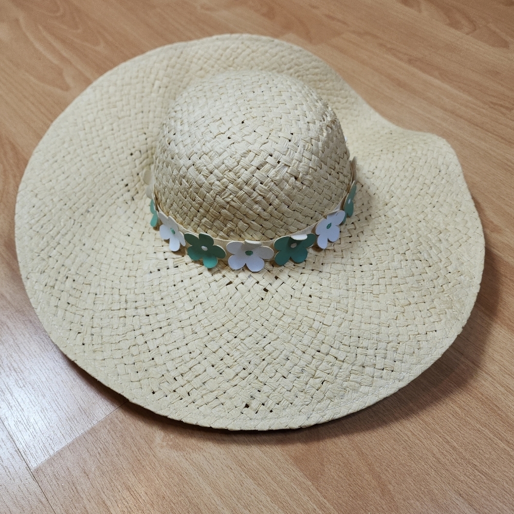 NWT Janie And Jack‎ Straw Hat Green White Floral Size 12-24 Months